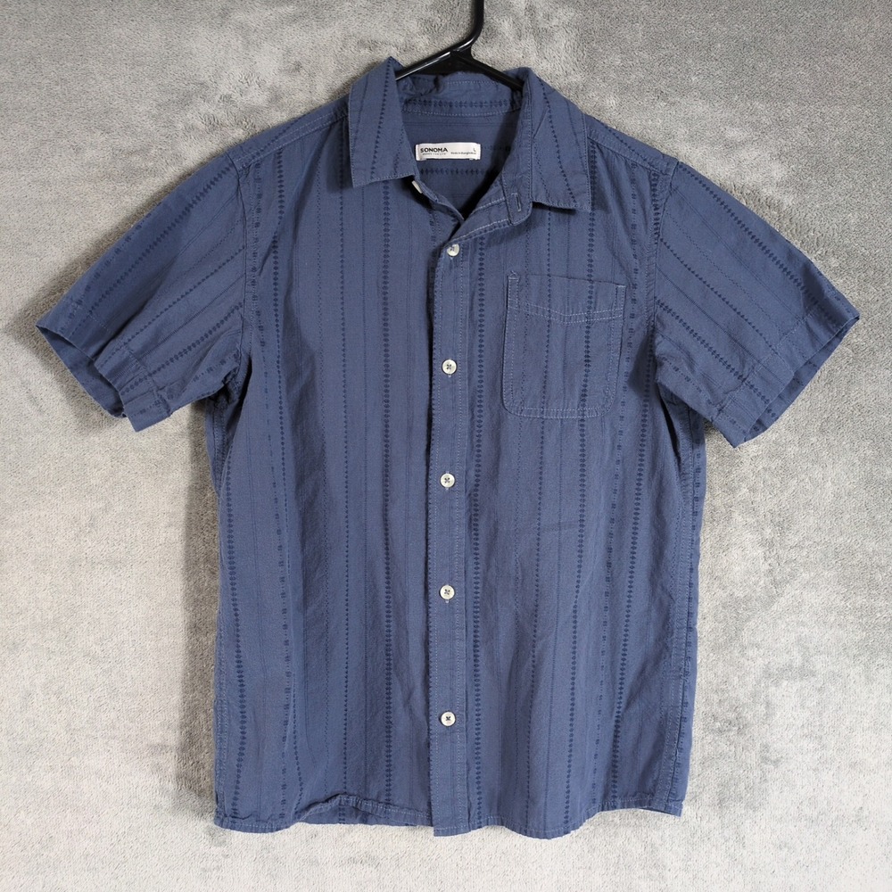 Sonoma Goods For Life Youth Blue Textured Dobby Stripe Short Sleeve Shirt Size L